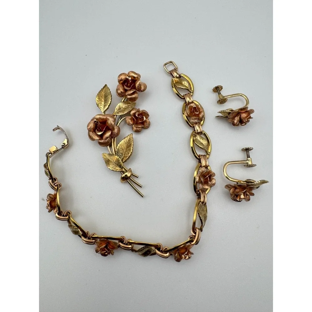 Vintage Krementz Bracelet Brooch Earrings Set Two Tone Rose